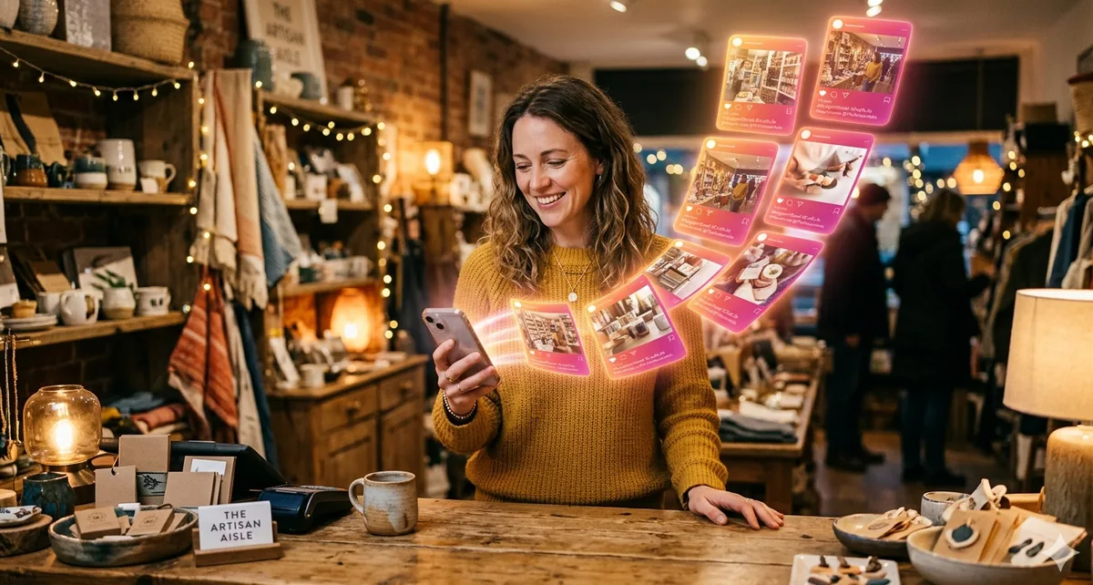 Une commerçante gère ses réseaux sociaux depuis son téléphone