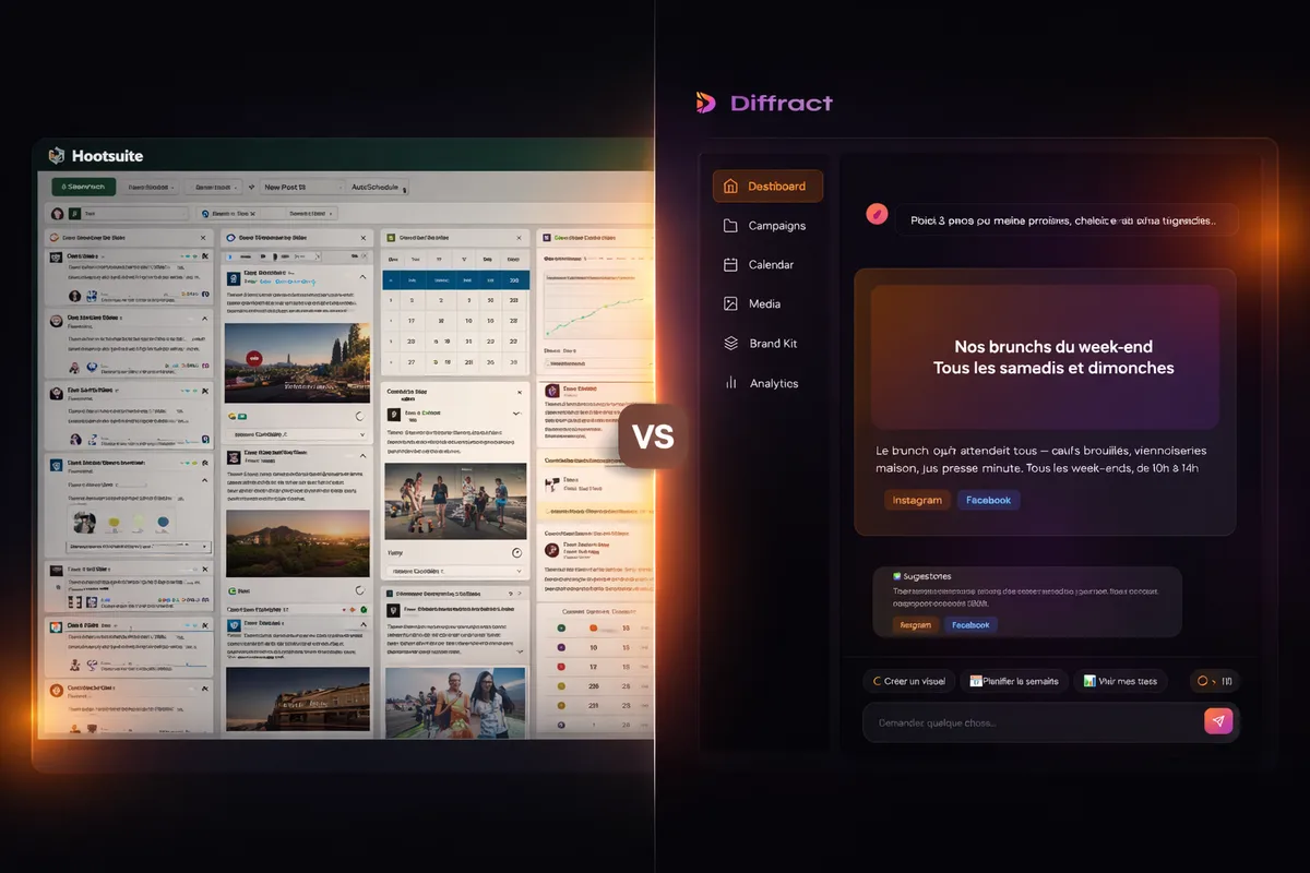 Comparaison côte à côte de l'interface Hootsuite et de l'interface Diffract
